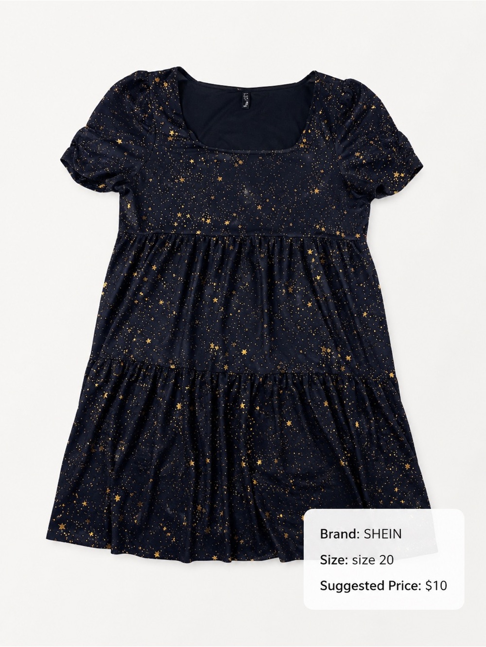 SHEIN Navy Star Print Tiered Dress with Gold Sparkle